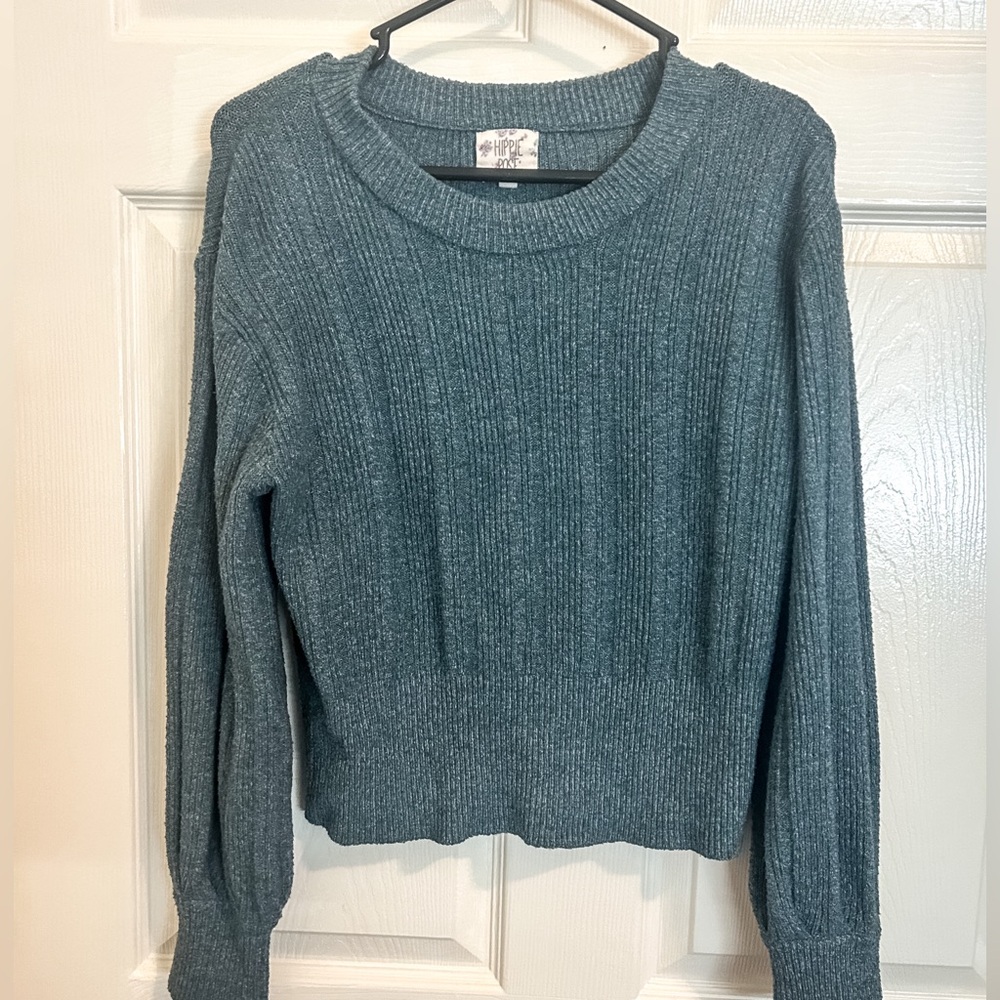 Hippie Rose Blue Green Teal Crew Neck Sweater Cropped Extra Small XS